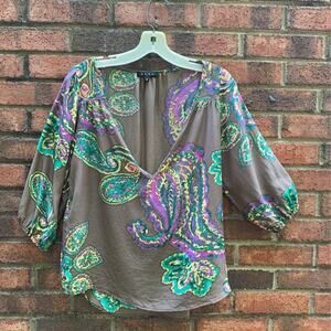 Glam Womens Blouse Brown Purple Paisley 3/4 Sleeve Notch Neck High Low Silk S